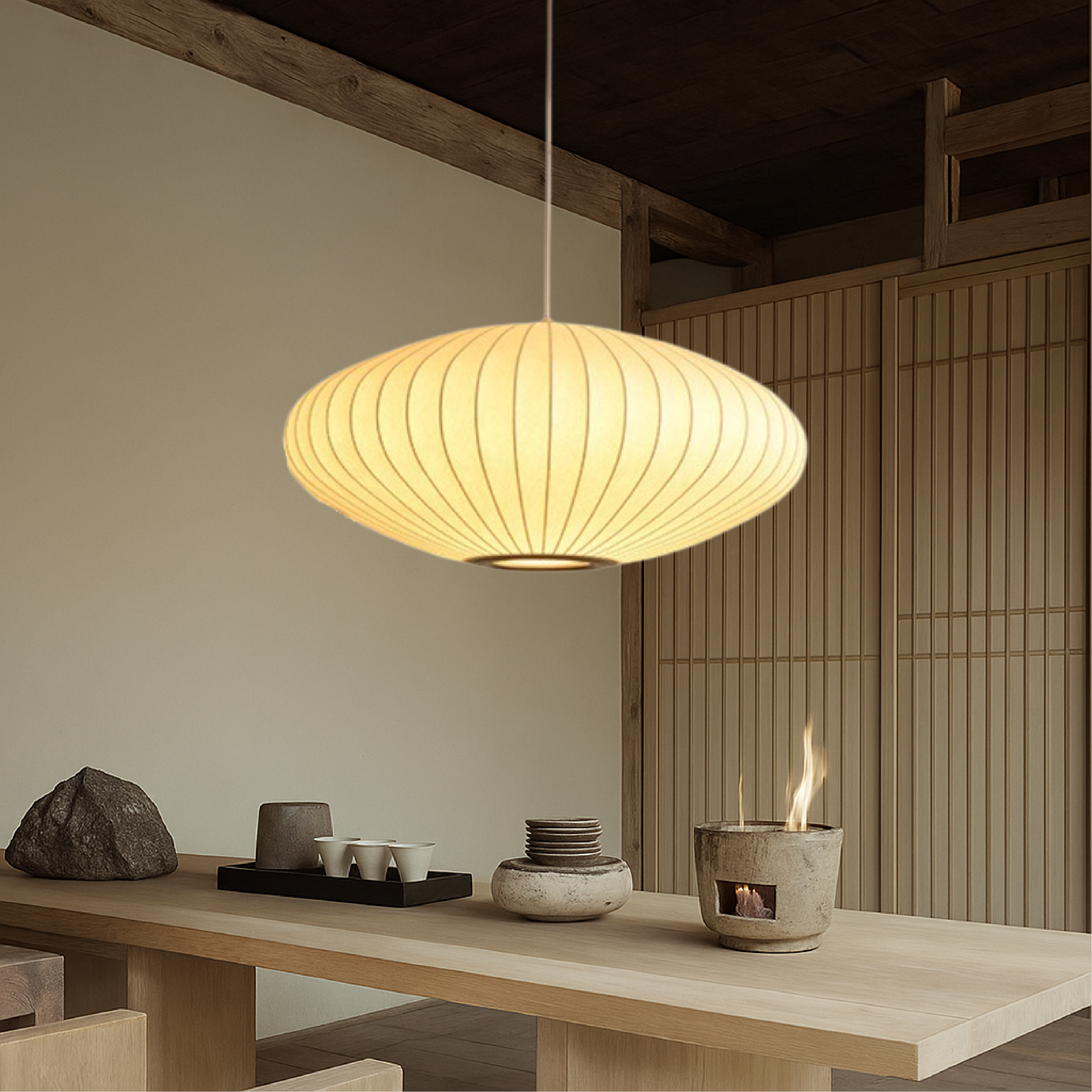 Round lantern pendant lamp with pleated fabric shade