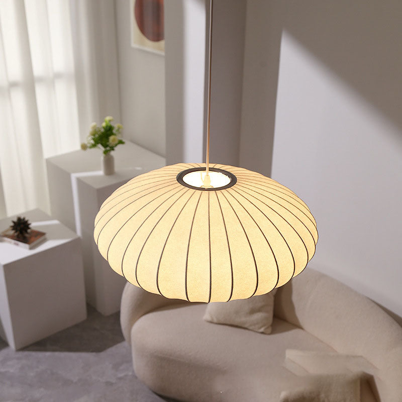 Round lantern pendant lamp with pleated fabric shade