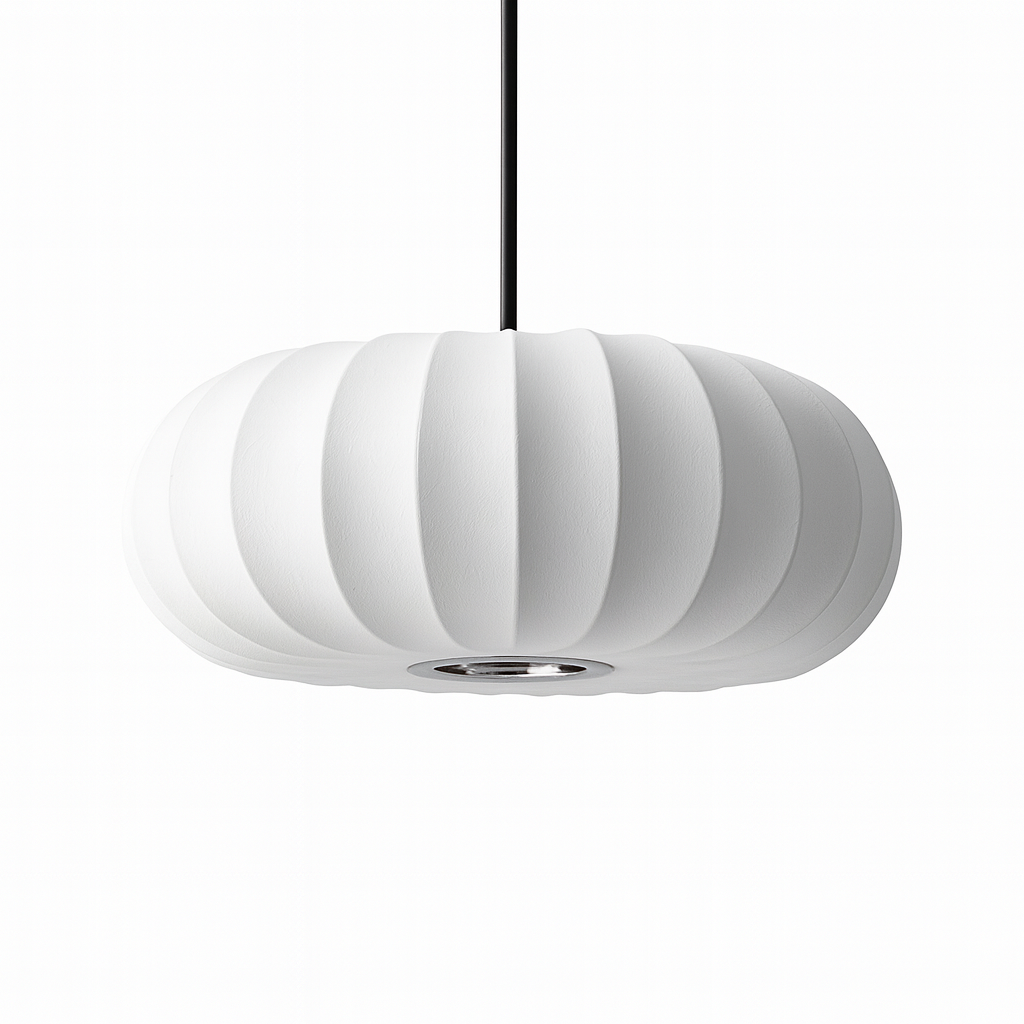 Round lantern pendant light with ribbed fabric shade