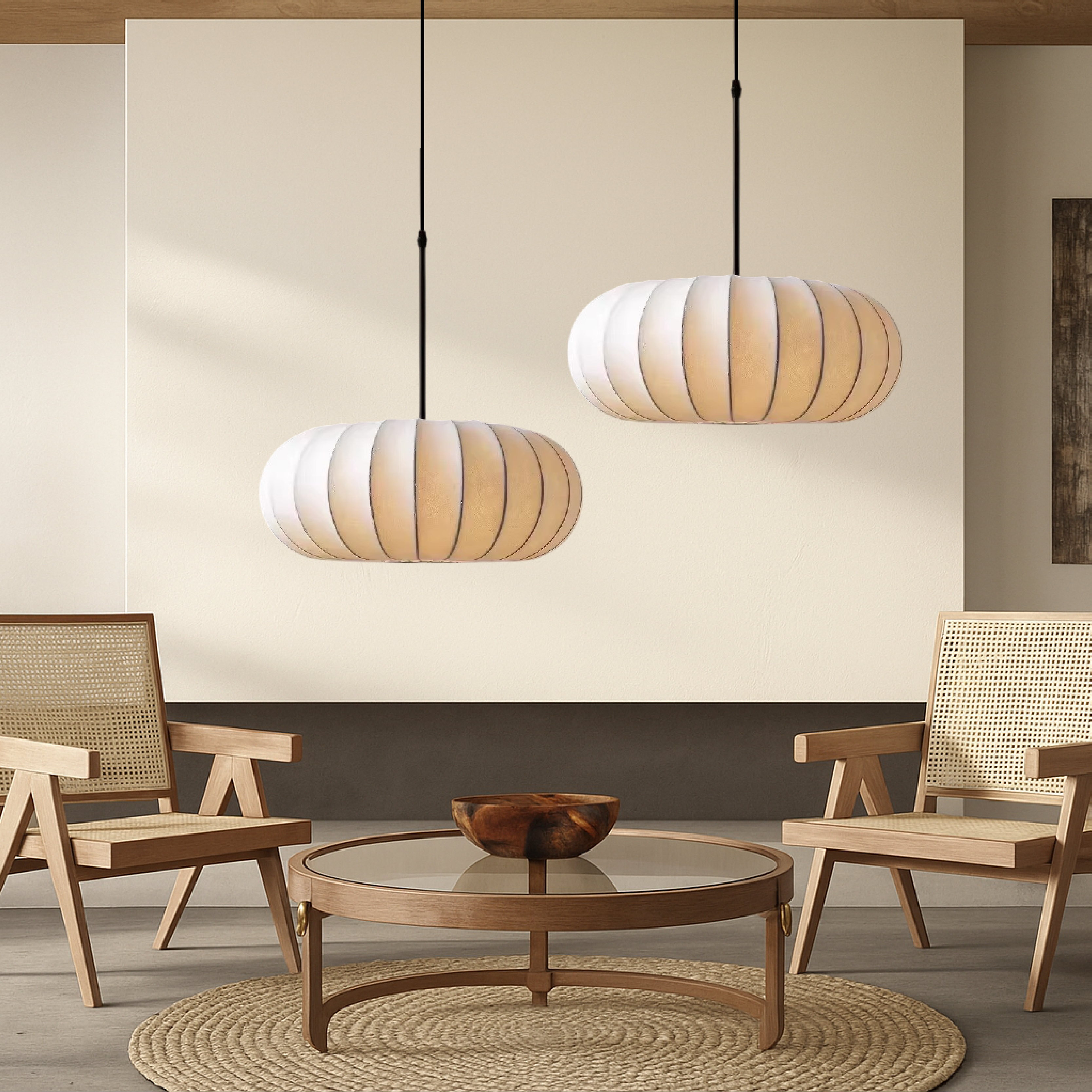 Round lantern pendant light with ribbed fabric shade