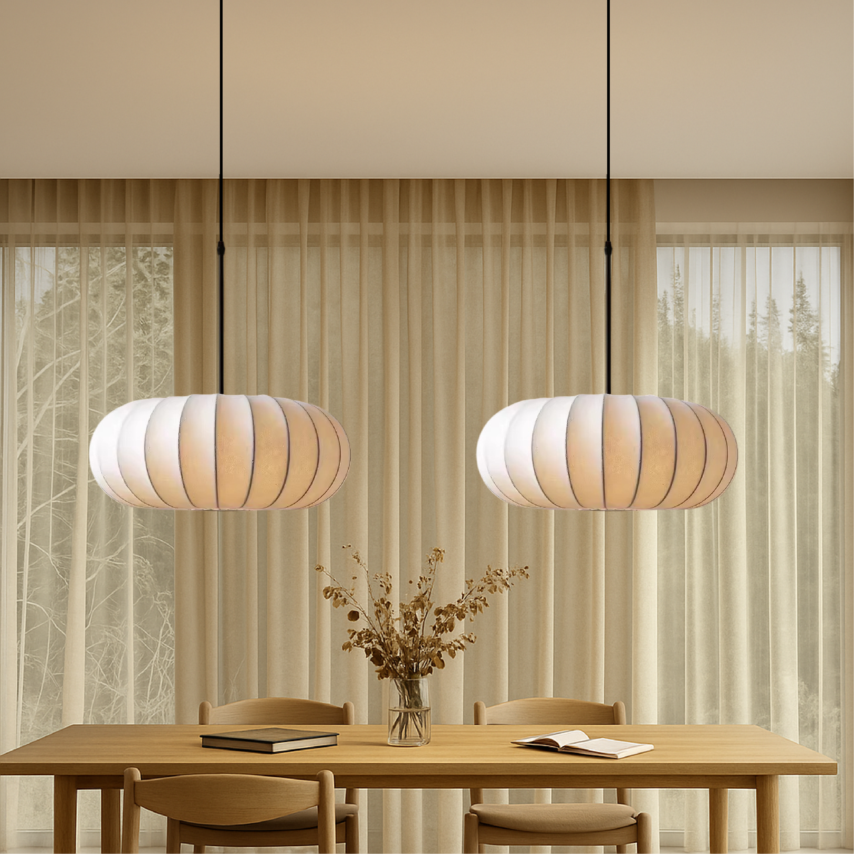 Round lantern pendant light with ribbed fabric shade