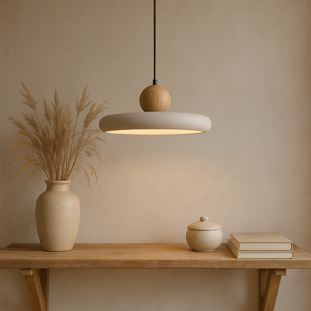 Rustic Travertine Pendant Light with Wooden Accent