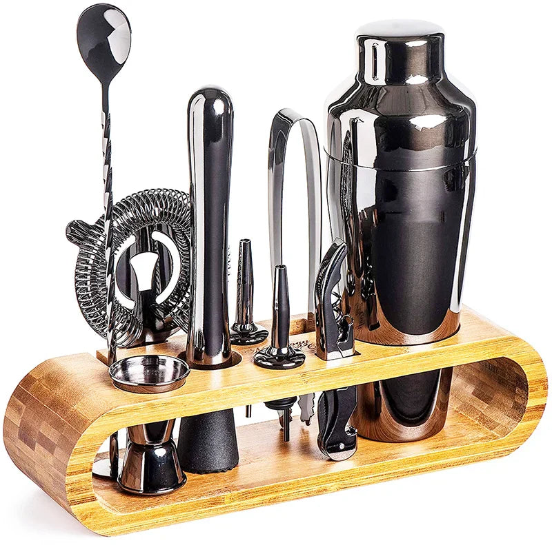 RVS Cocktailshaker Set Met Bamboe Stand