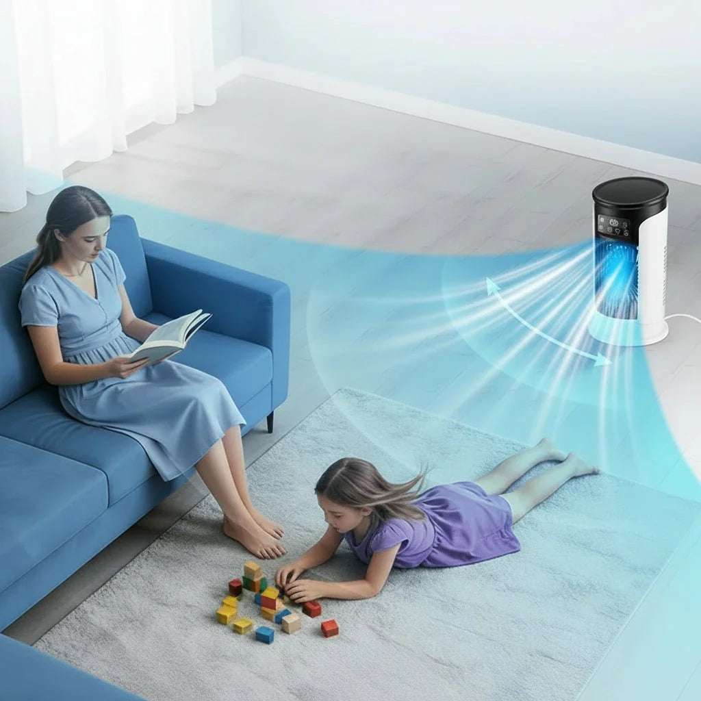 3-in-1 draagbare aircooler ventilator met luchtbevochtiger en LED-nachtlampje