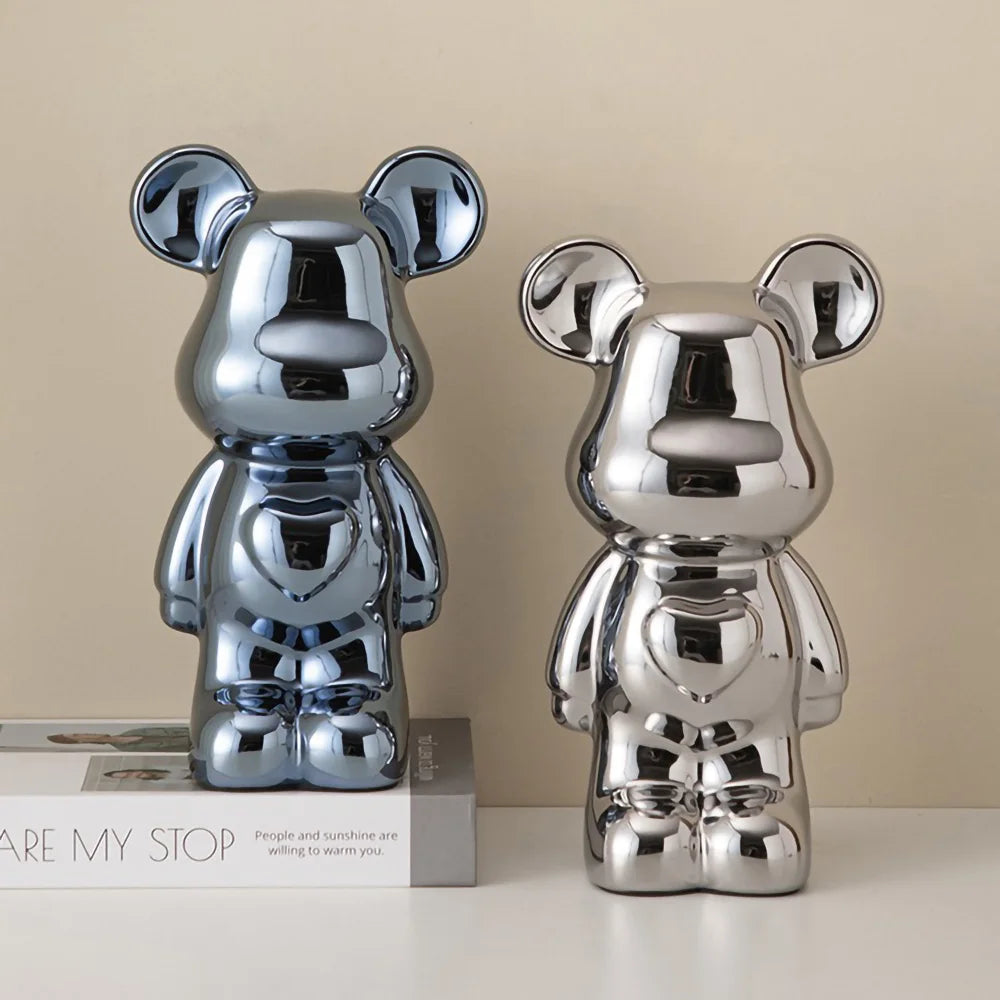 Ceramic Galvanised Bear Figurine Chrome Finish