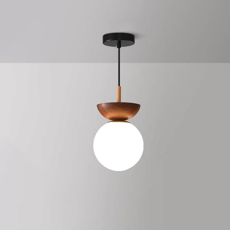 Single Globe Ceiling Light with Wooden Detail and Metal Mount