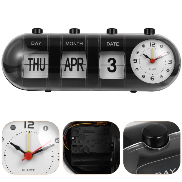 Manual Flip Calendar Clock With Analog Time Display