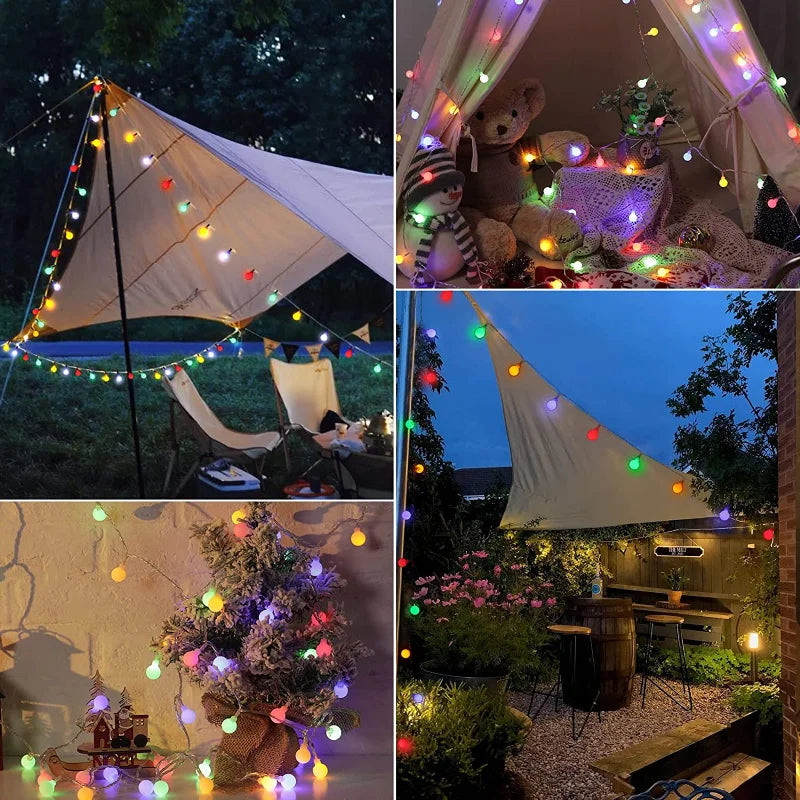 Zonne-LED-buitenlichtsnoer met multikleurige lampenkappen