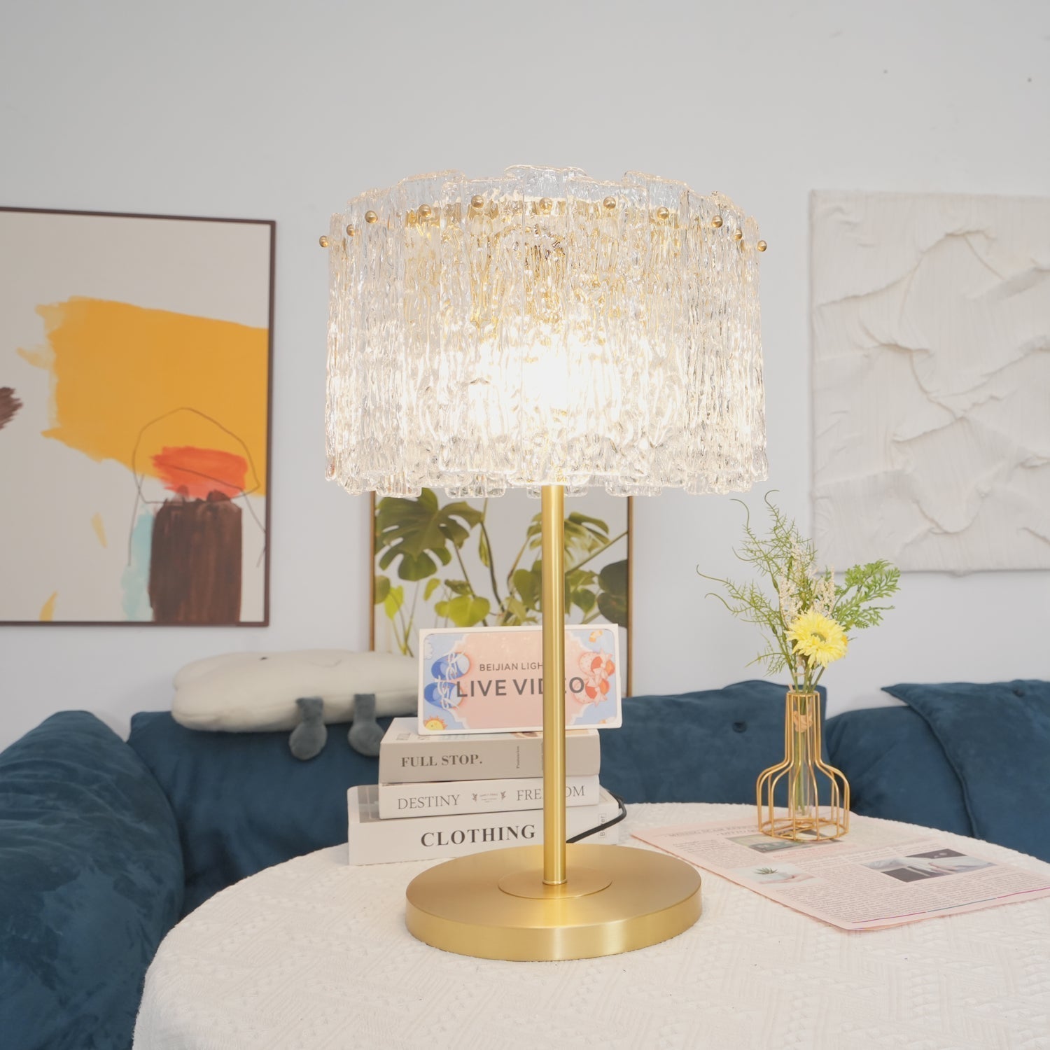 Crystal Table Lamp with Metal Stem and Round Base