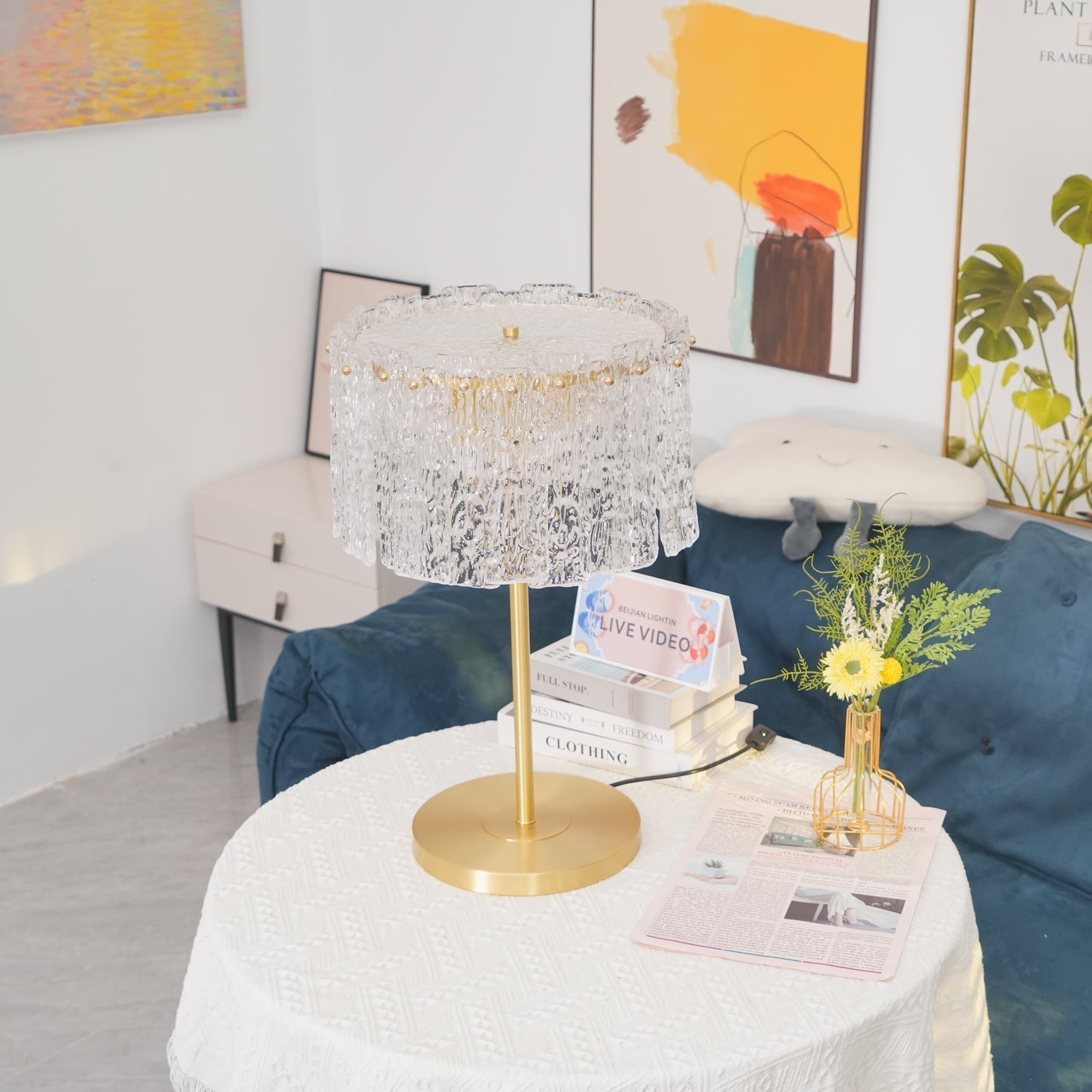 Crystal Table Lamp with Metal Stem and Round Base