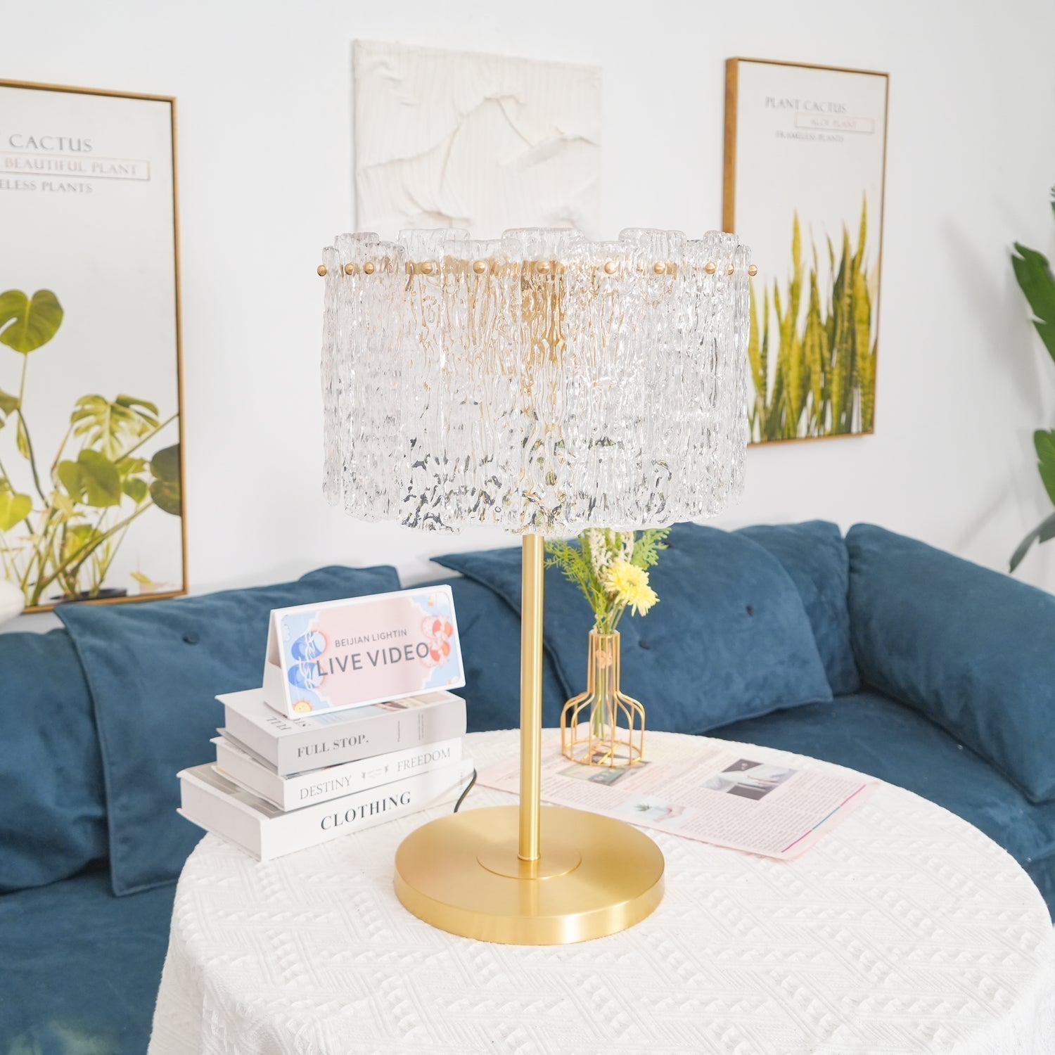 Crystal Table Lamp with Metal Stem and Round Base