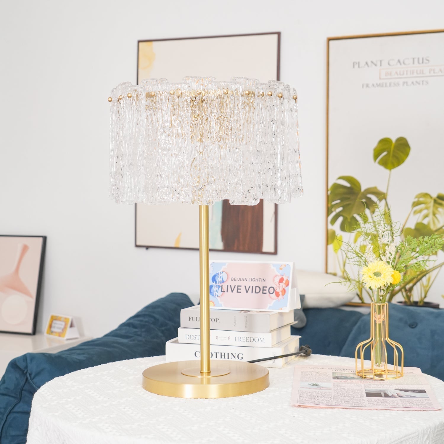 Crystal Table Lamp with Metal Stem and Round Base