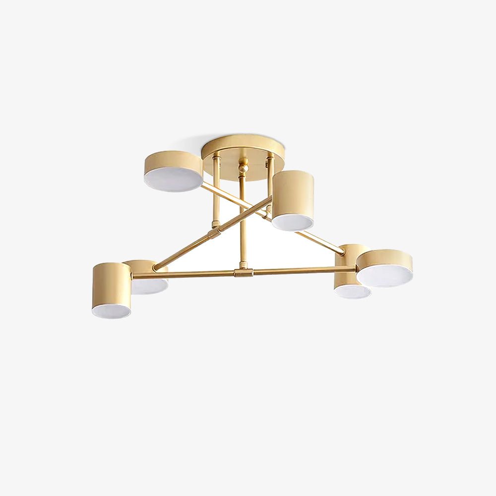 Six Light Ceiling Fixture with Brass Finish and Cylindrical Shades