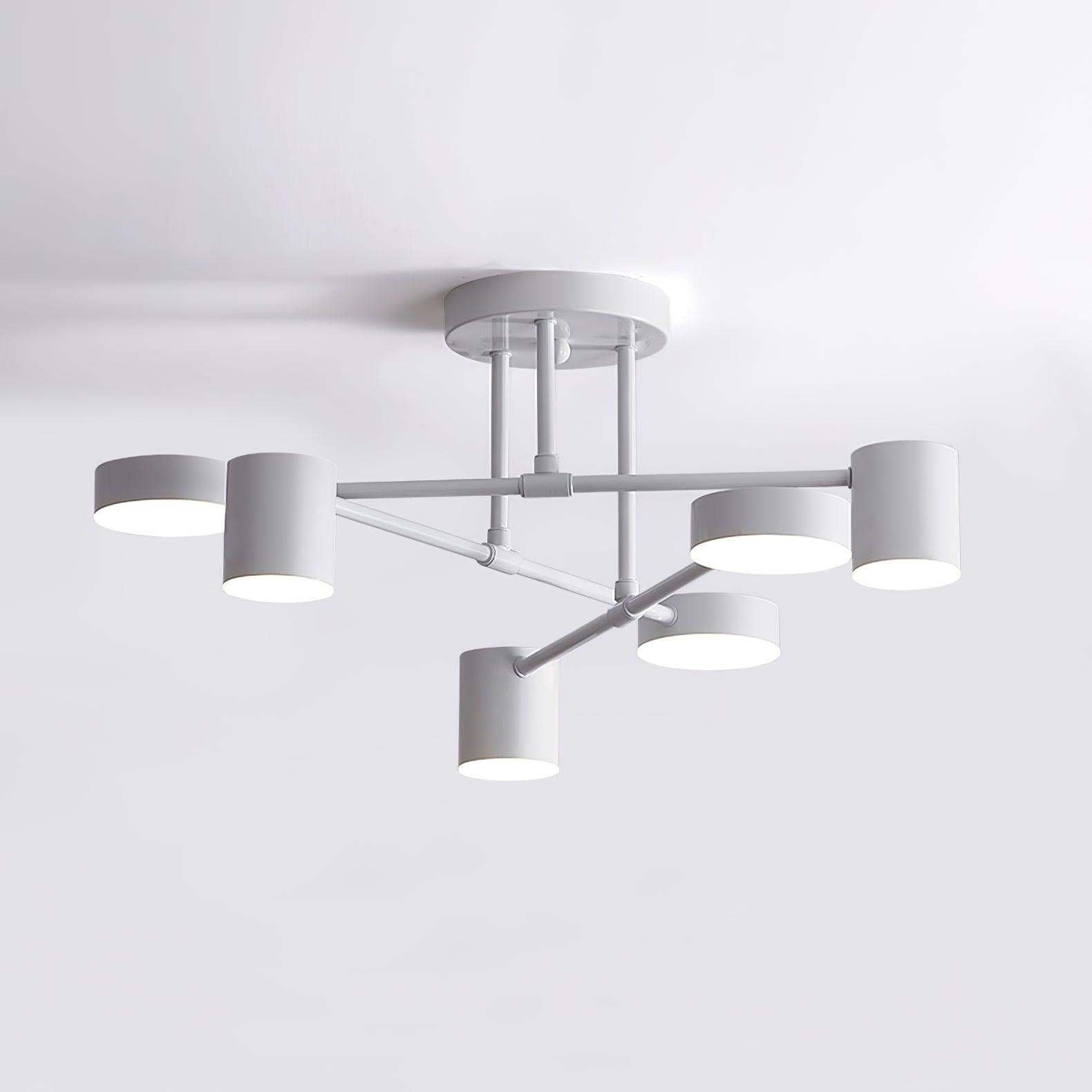 Six Light Ceiling Fixture with Brass Finish and Cylindrical Shades
