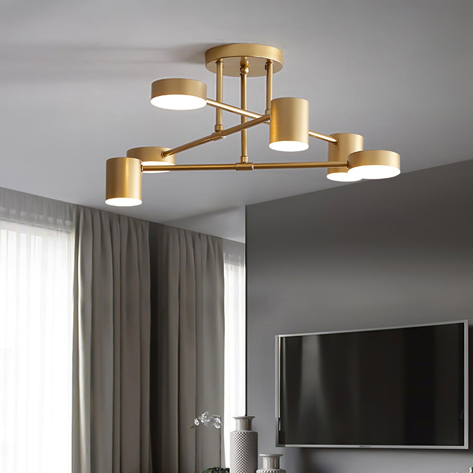 Six Light Ceiling Fixture with Brass Finish and Cylindrical Shades