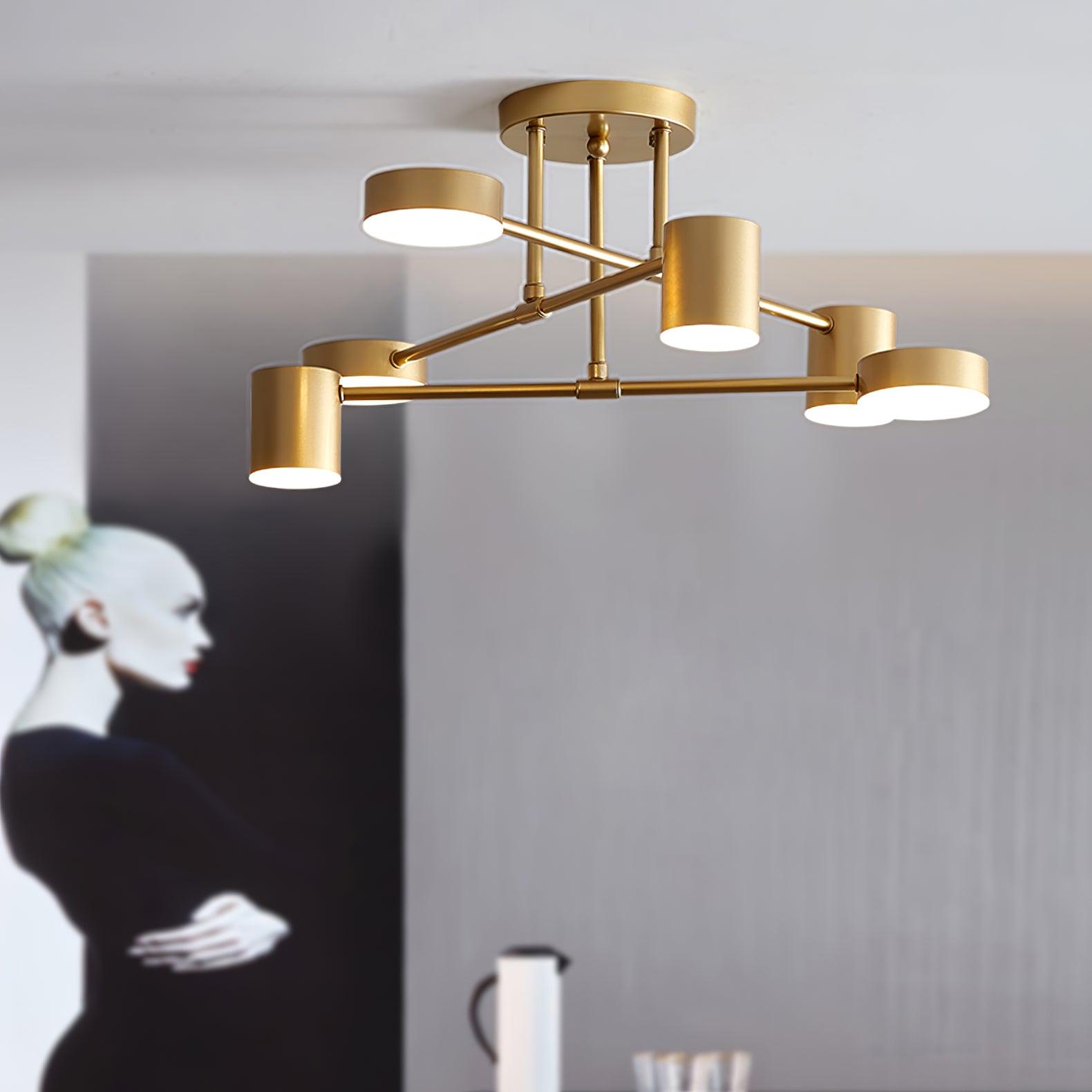Six Light Ceiling Fixture with Brass Finish and Cylindrical Shades