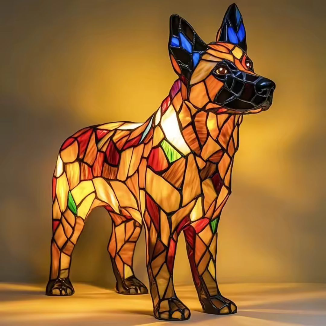Stained glass look dog table lamp with multicolour mosaic