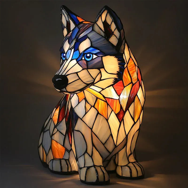 Stained glass look dog table lamp with multicolour mosaic