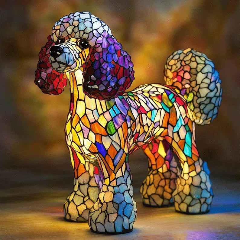 Stained glass look dog table lamp with multicolour mosaic