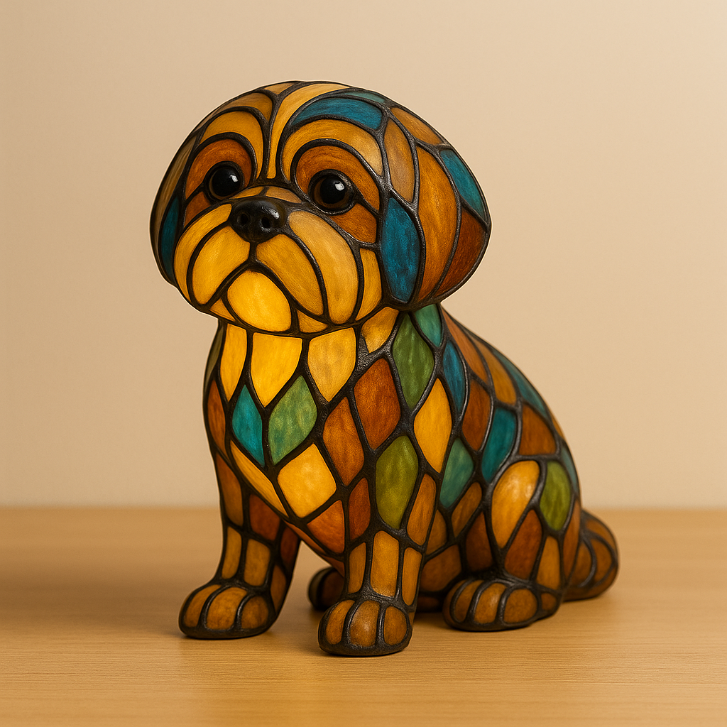 Stained glass look dog table lamp with multicolour mosaic