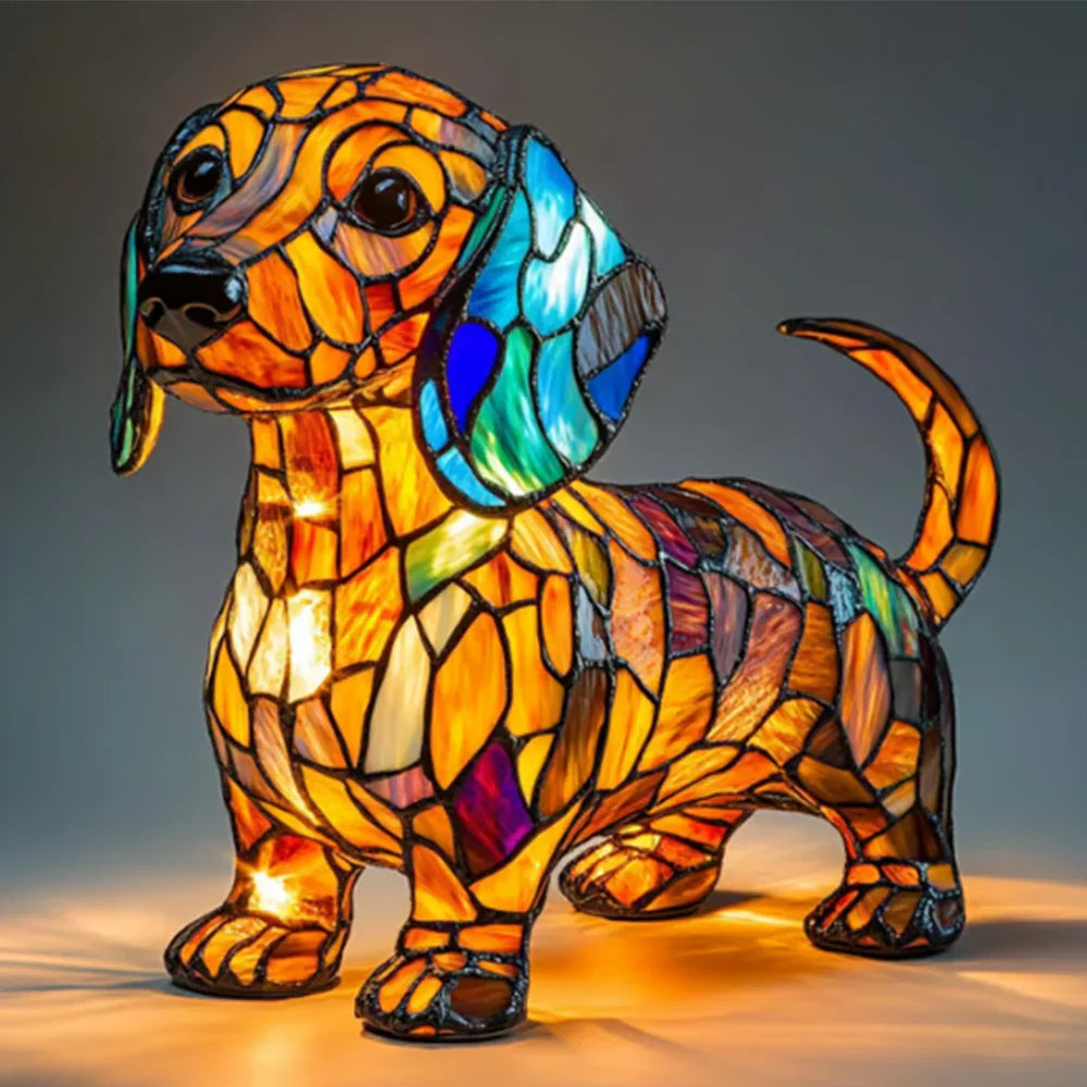 Stained glass look dog table lamp with multicolour mosaic