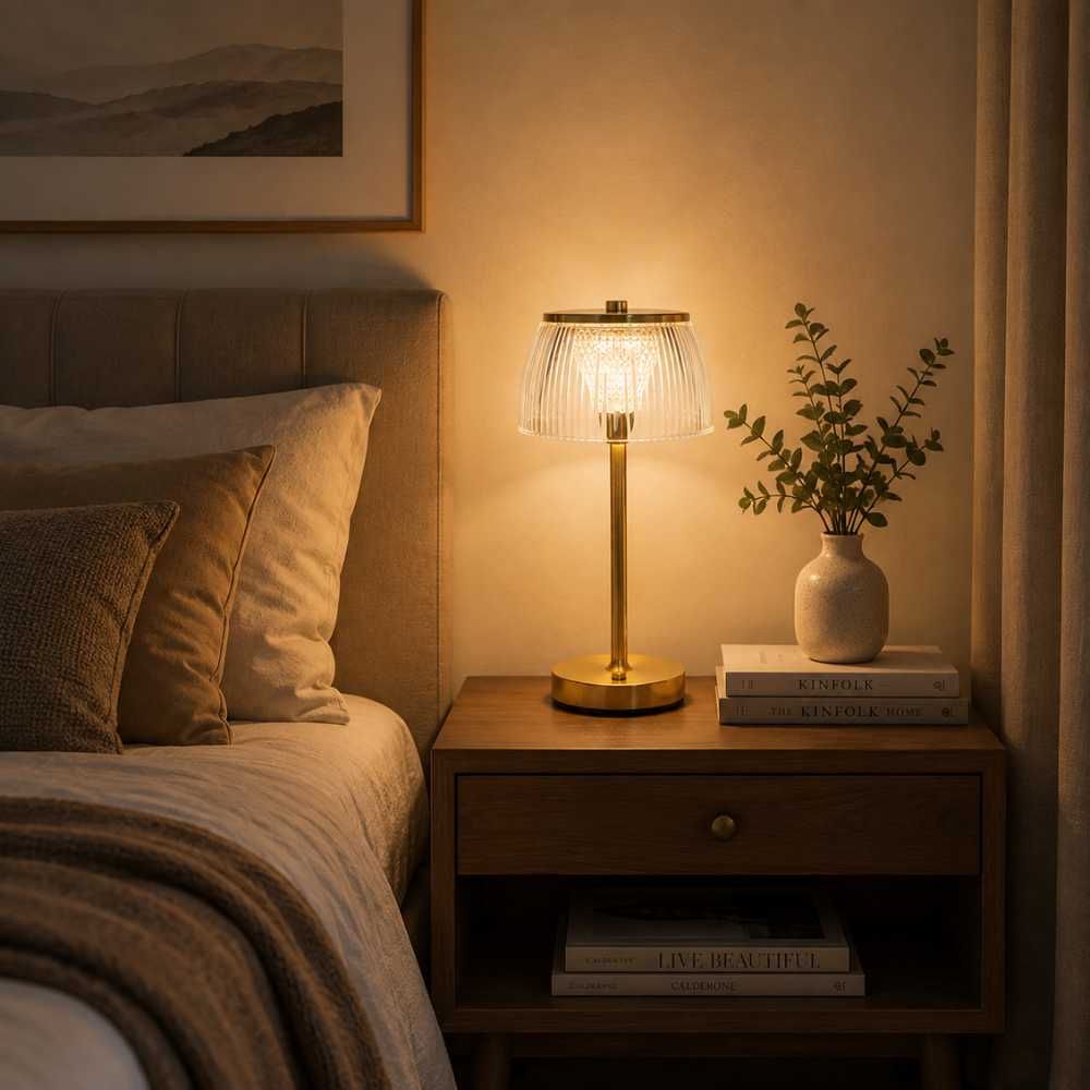 Rechargeable LED Glass Table Lamp with Ribbed Shade and Metal Base