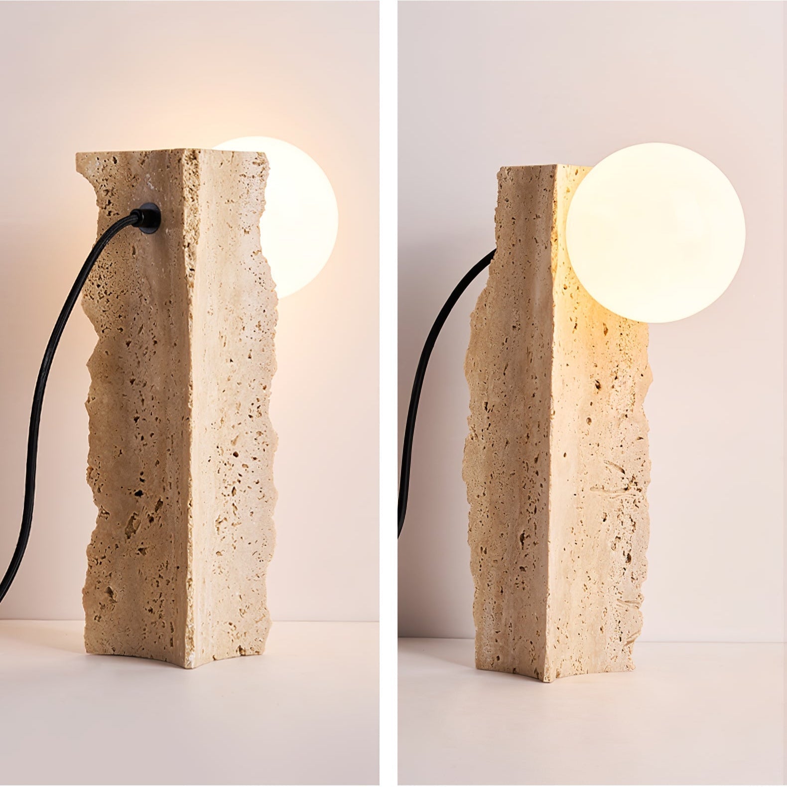 Table Lamp with Travertine Stone Base and Round Light