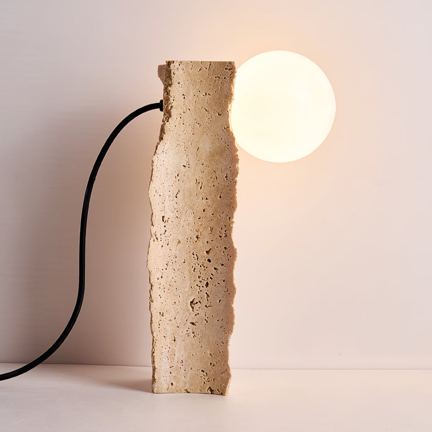 Table Lamp with Travertine Stone Base and Round Light