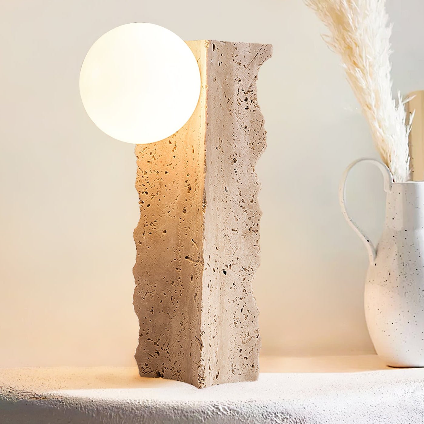 Table Lamp with Travertine Stone Base and Round Light
