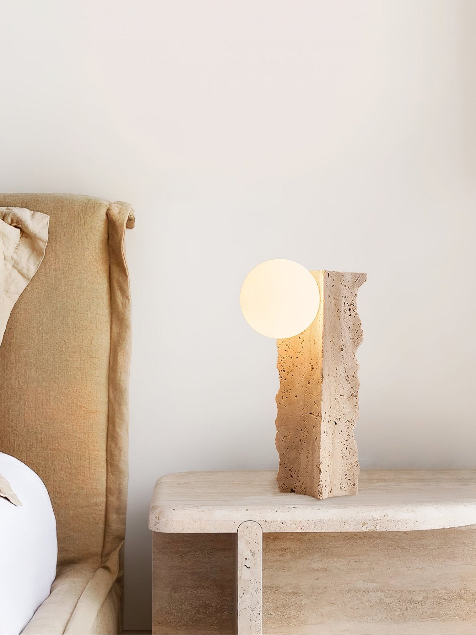 Table Lamp with Travertine Stone Base and Round Light