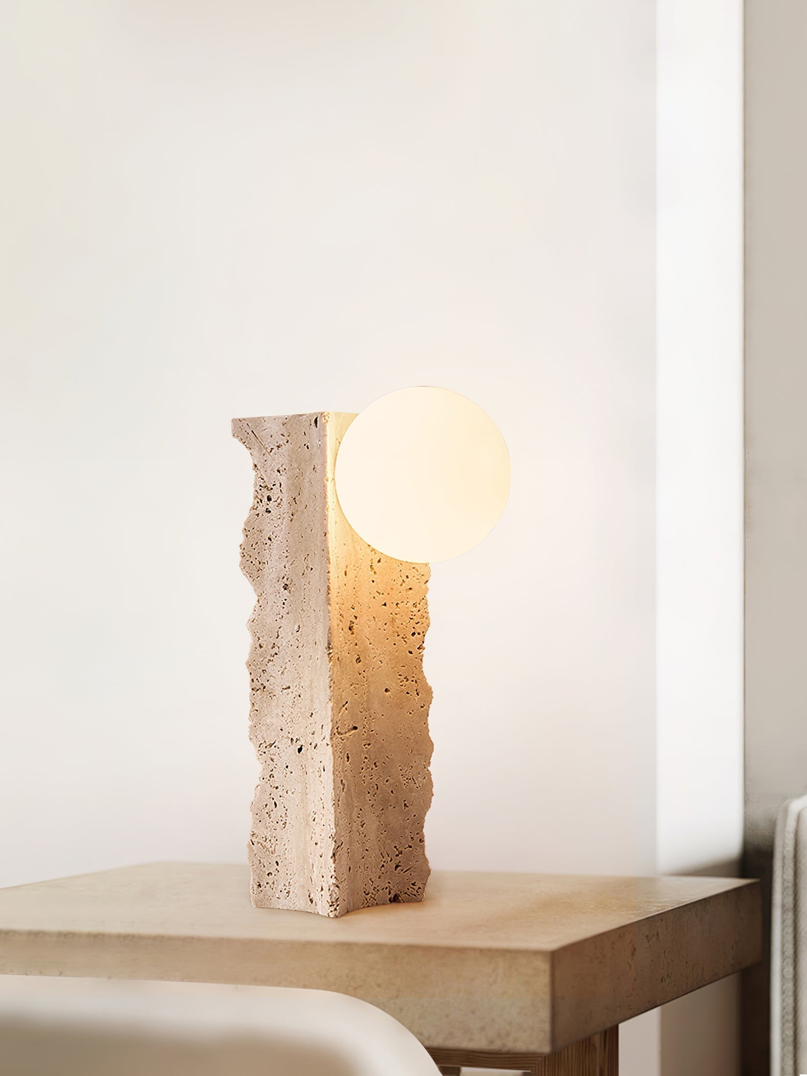 Table Lamp with Travertine Stone Base and Round Light