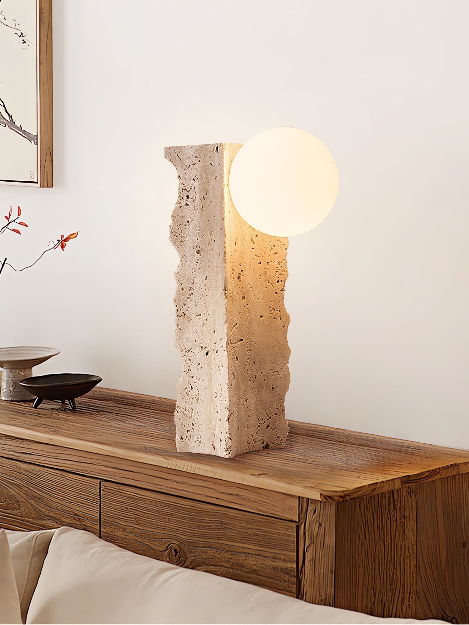 Table Lamp with Travertine Stone Base and Round Light