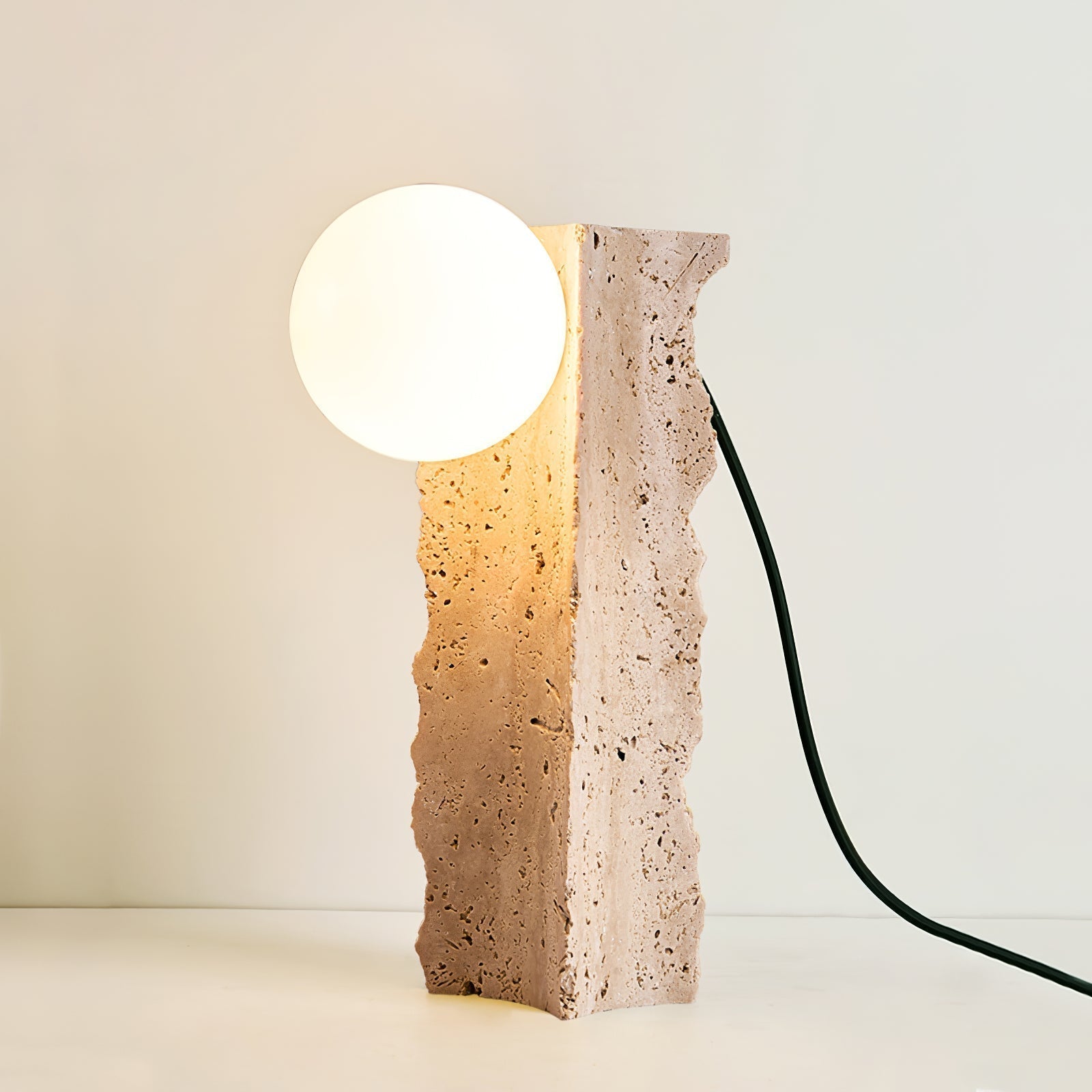 Table Lamp with Travertine Stone Base and Round Light