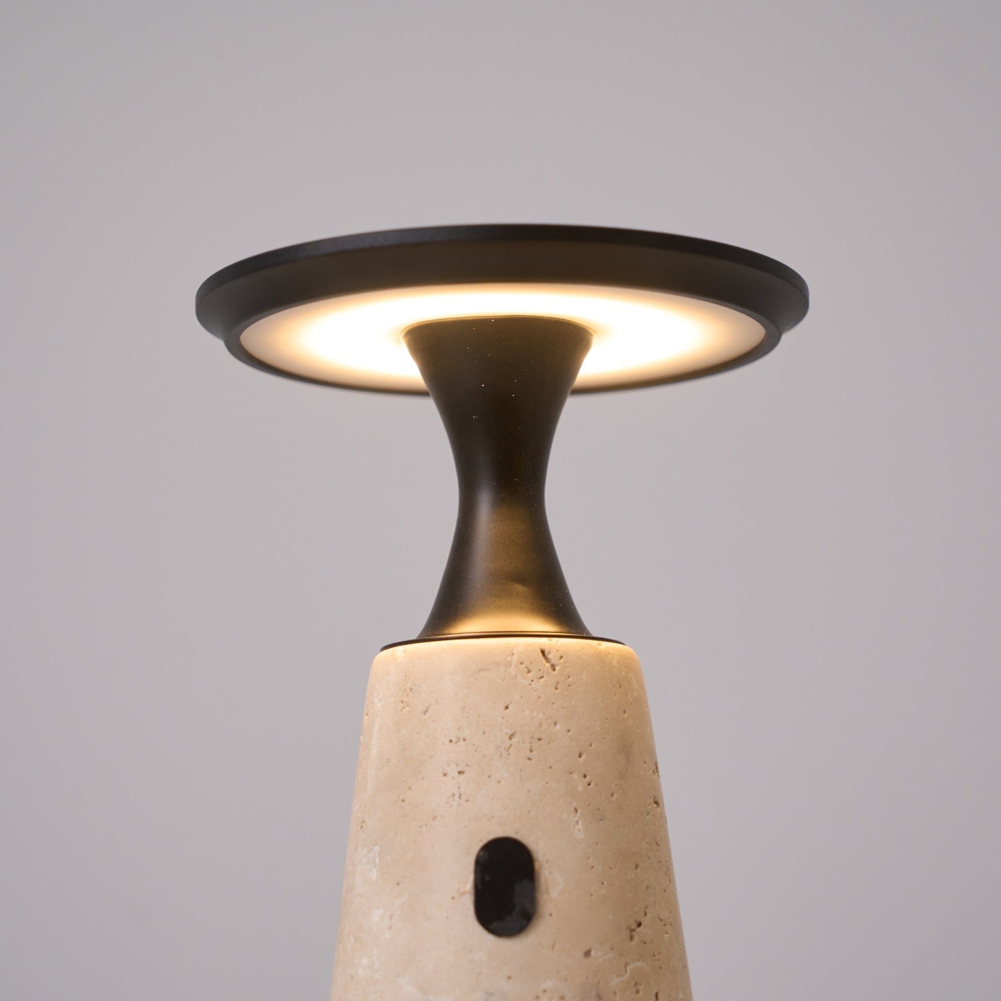 Table Lamp with Travertine Stone Base and Flat Metal Shade