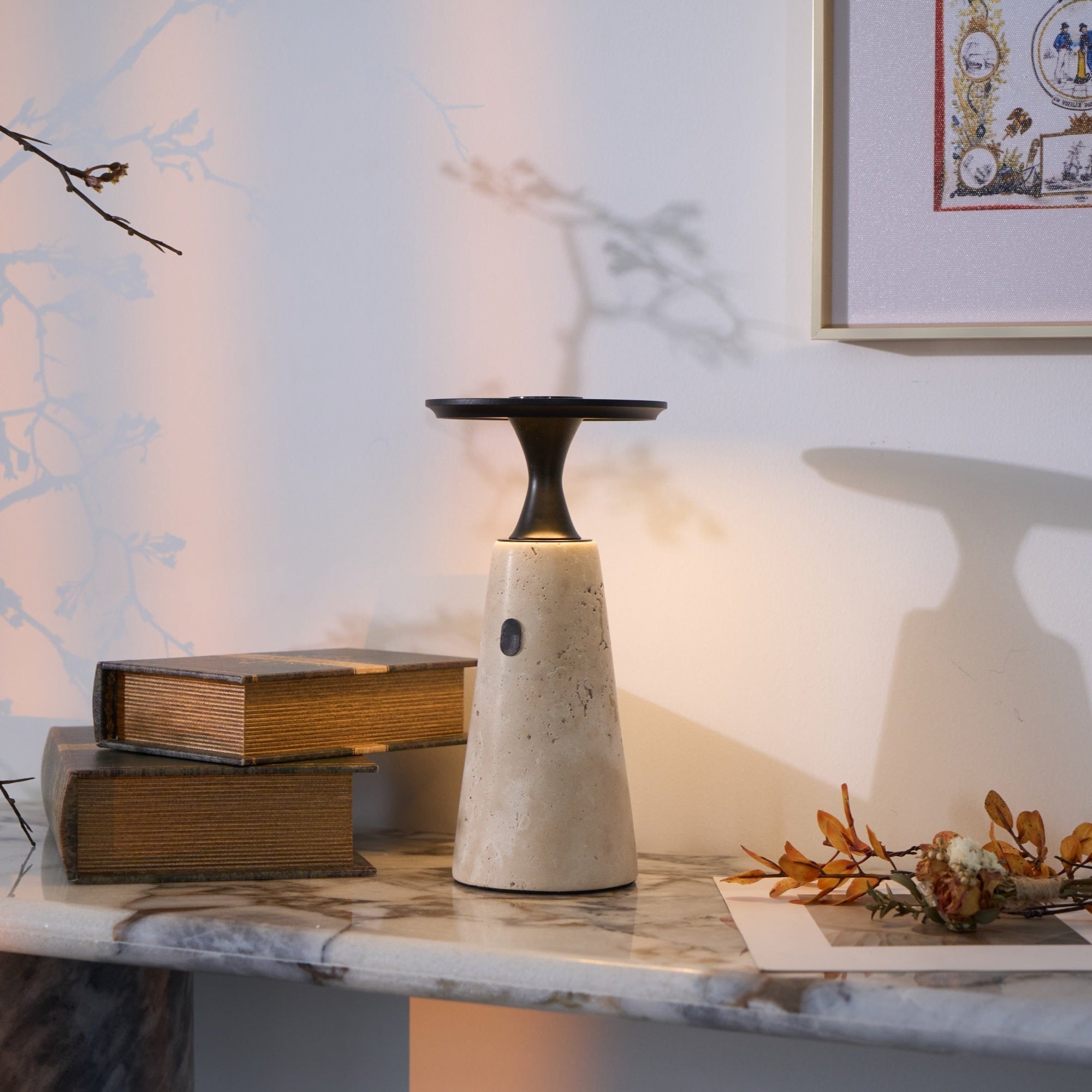 Table Lamp with Travertine Stone Base and Flat Metal Shade