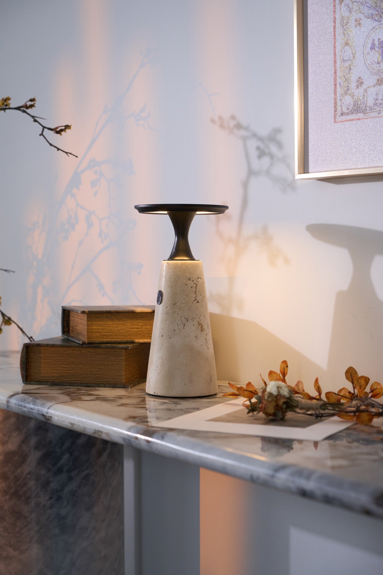 Table Lamp with Travertine Stone Base and Flat Metal Shade