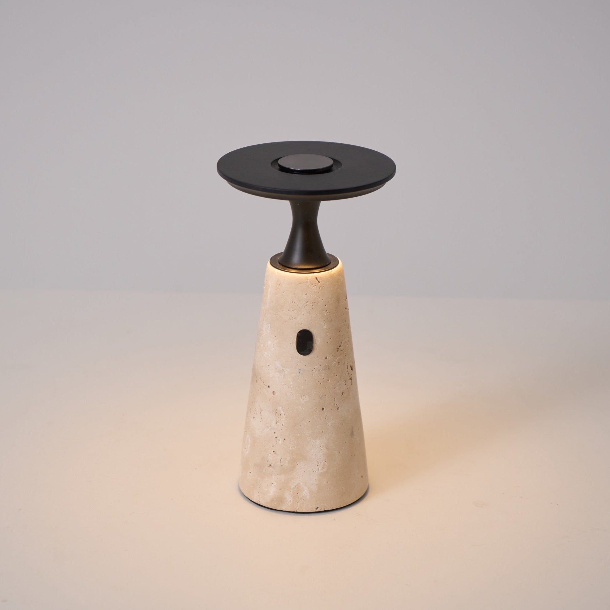 Table Lamp with Travertine Stone Base and Flat Metal Shade