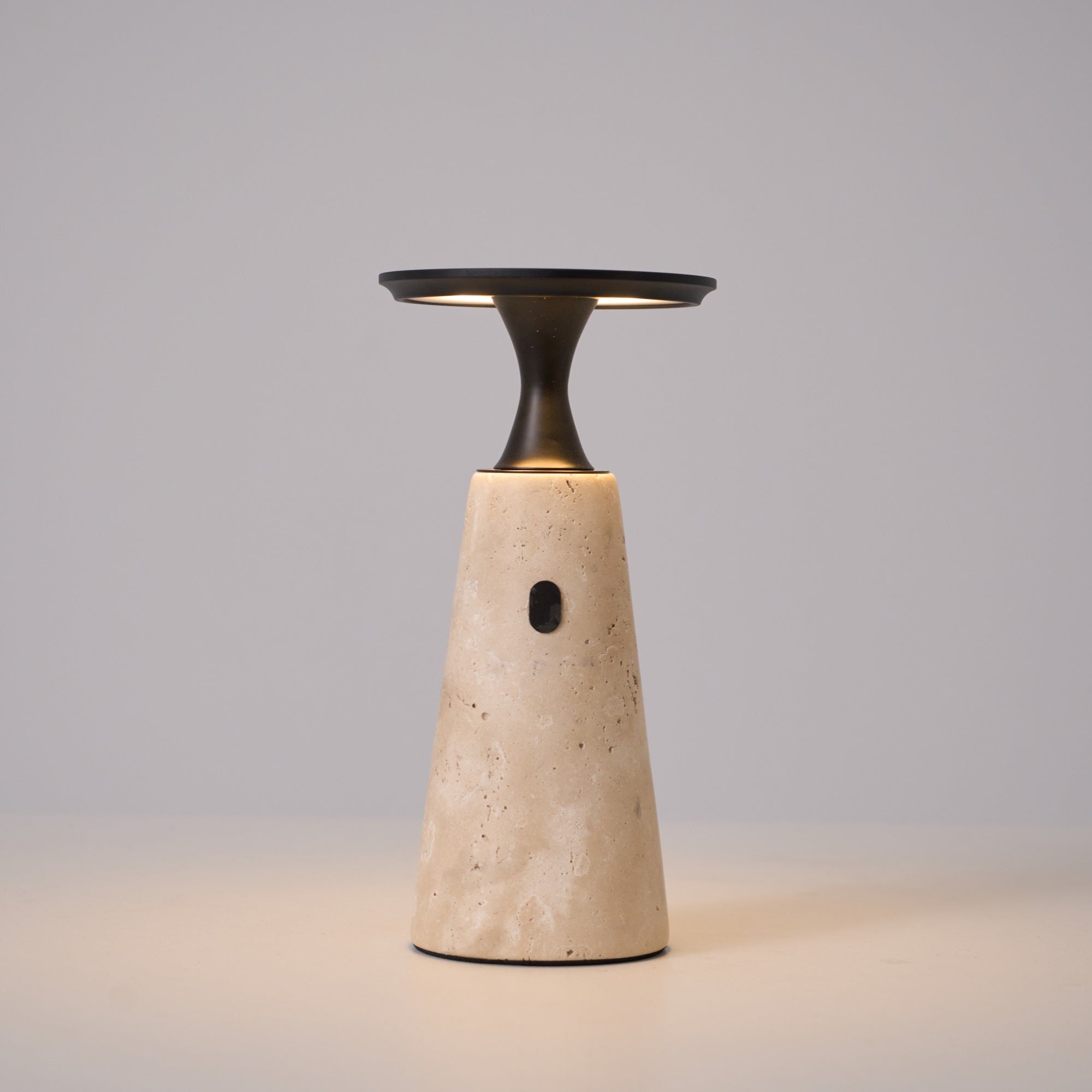 Table Lamp with Travertine Stone Base and Flat Metal Shade