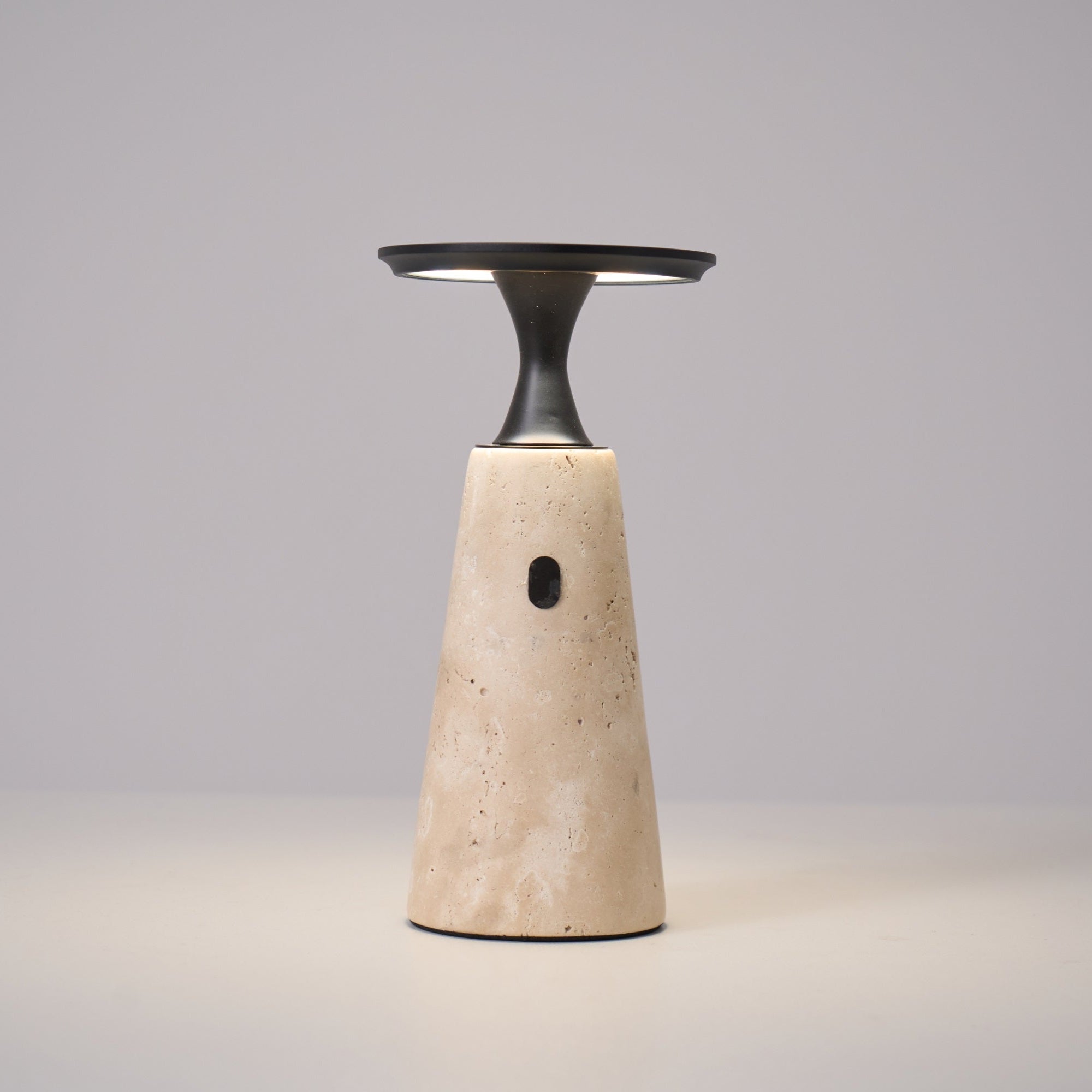 Table Lamp with Travertine Stone Base and Flat Metal Shade