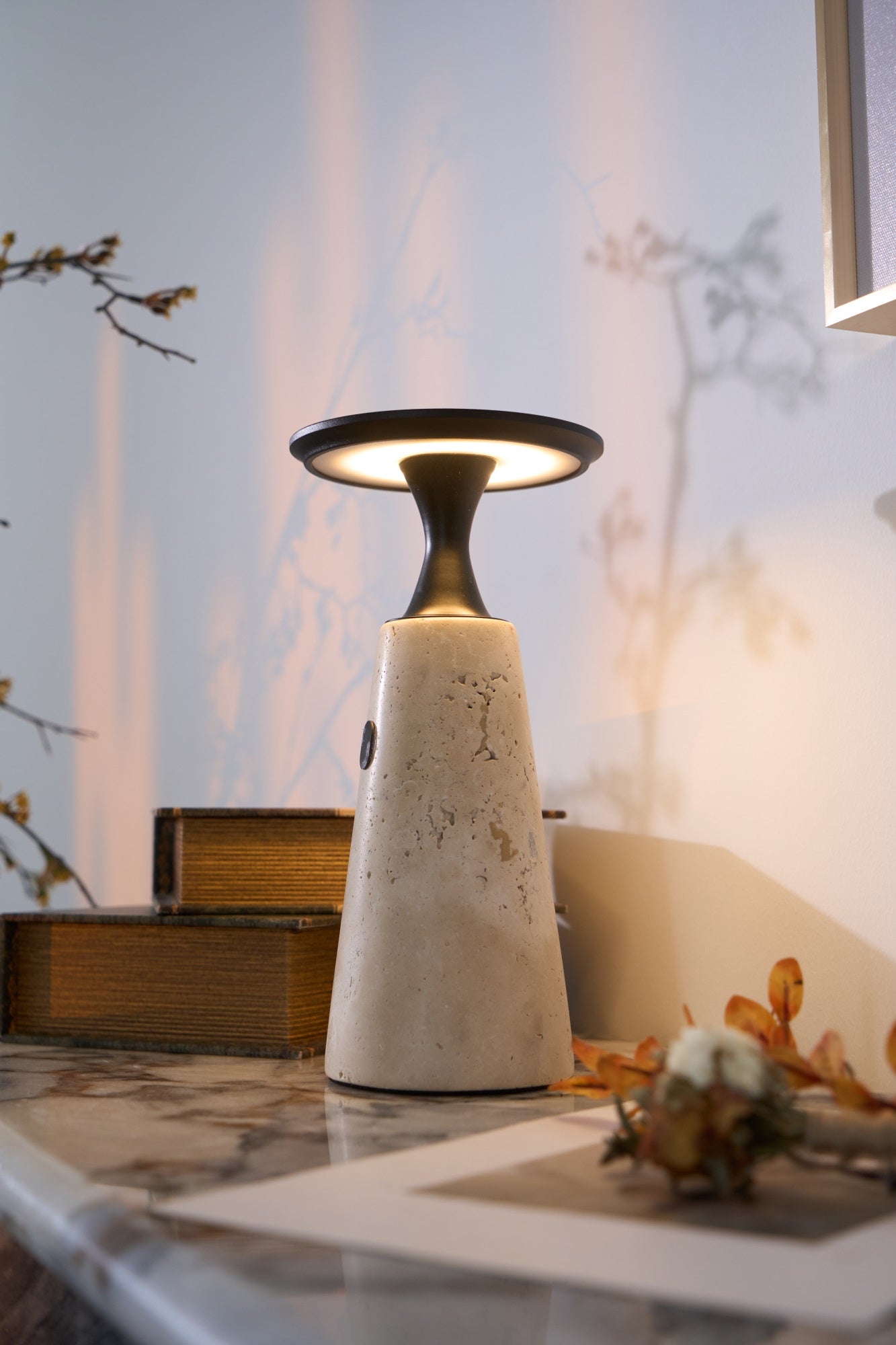 Table Lamp with Travertine Stone Base and Flat Metal Shade