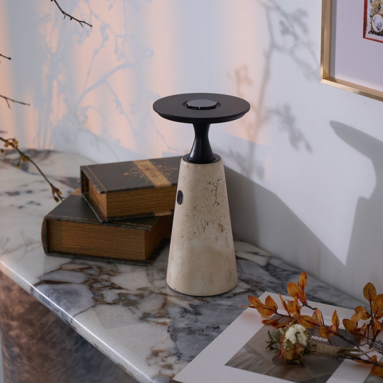Table Lamp with Travertine Stone Base and Flat Metal Shade