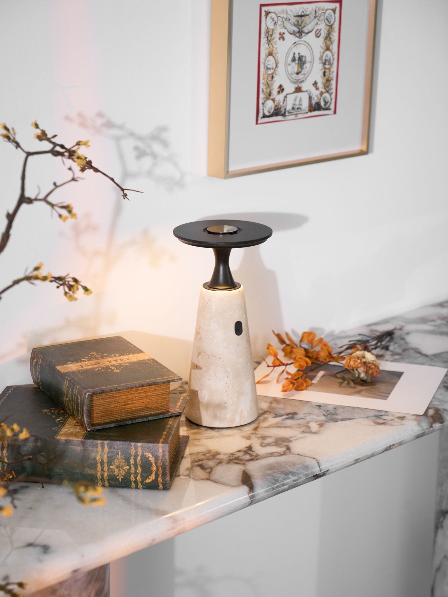 Table Lamp with Travertine Stone Base and Flat Metal Shade