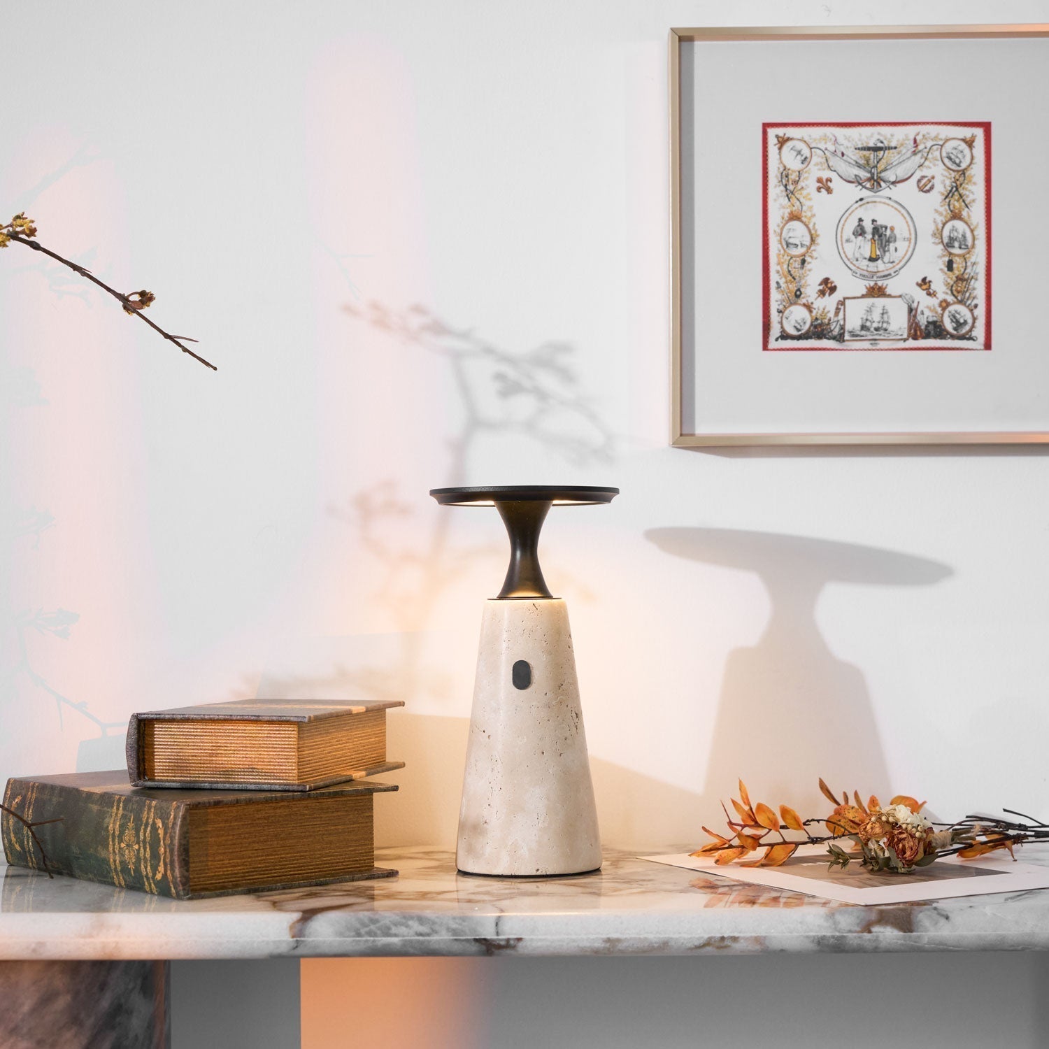 Table Lamp with Travertine Stone Base and Flat Metal Shade