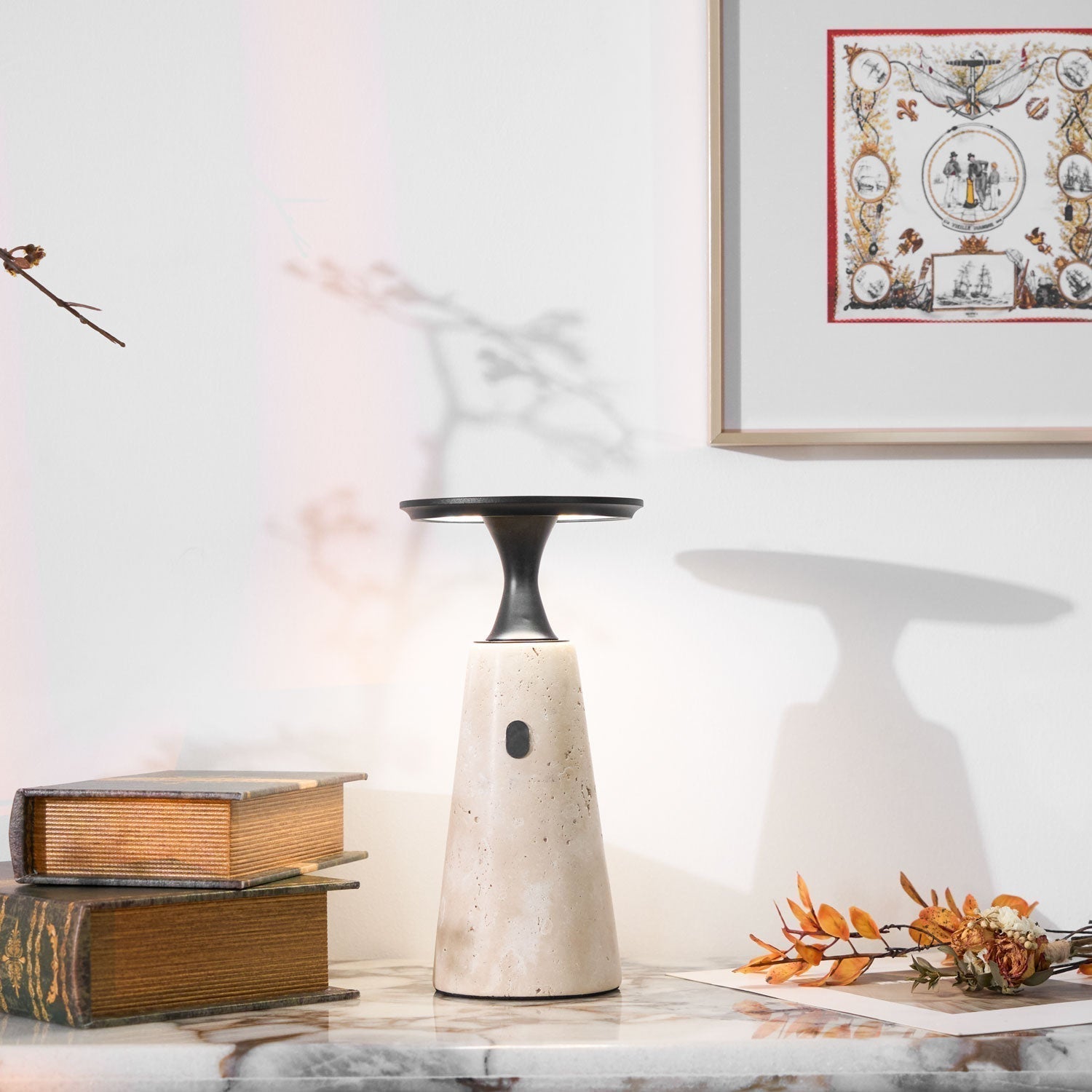 Table Lamp with Travertine Stone Base and Flat Metal Shade