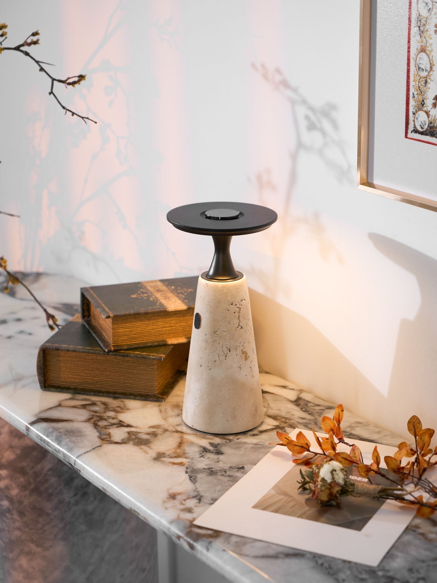 Table Lamp with Travertine Stone Base and Flat Metal Shade