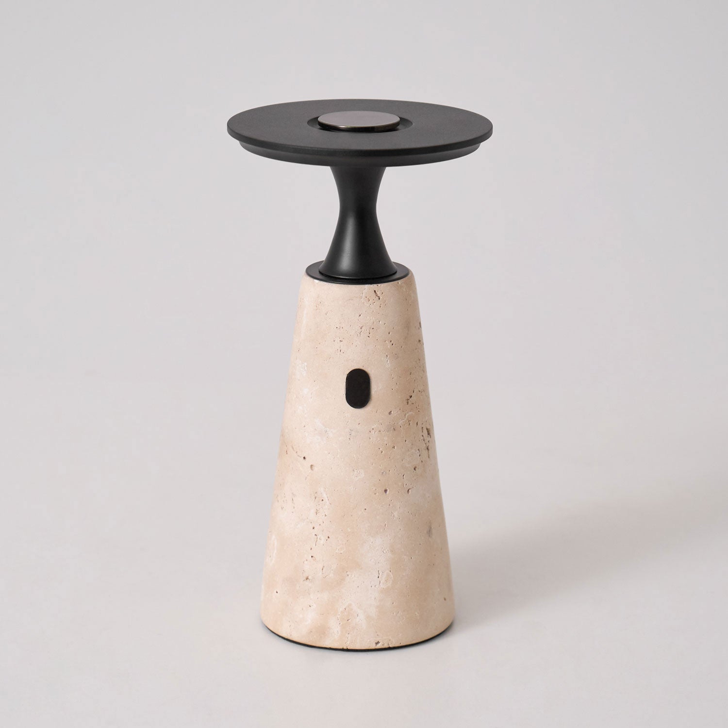 Table Lamp with Travertine Stone Base and Flat Metal Shade