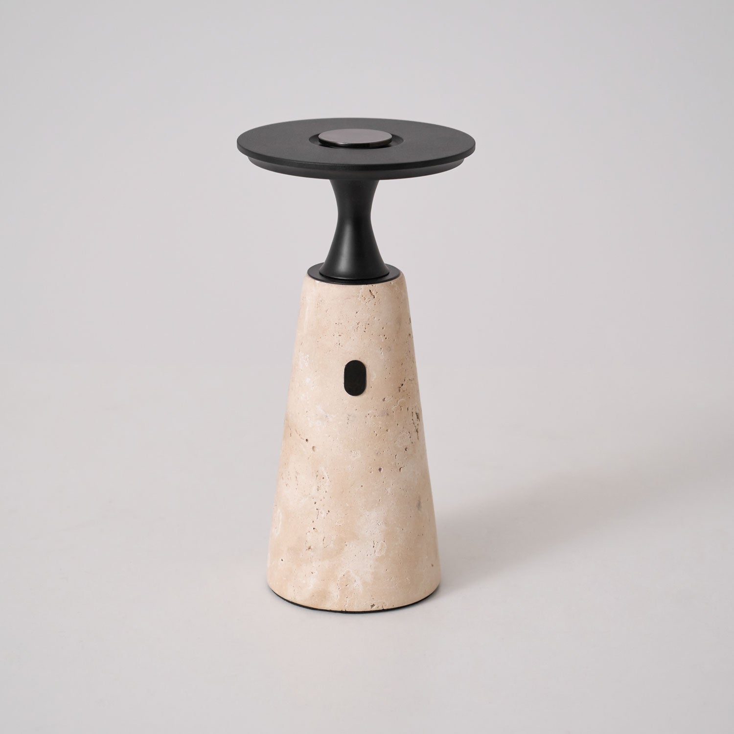 Table Lamp with Travertine Stone Base and Flat Metal Shade