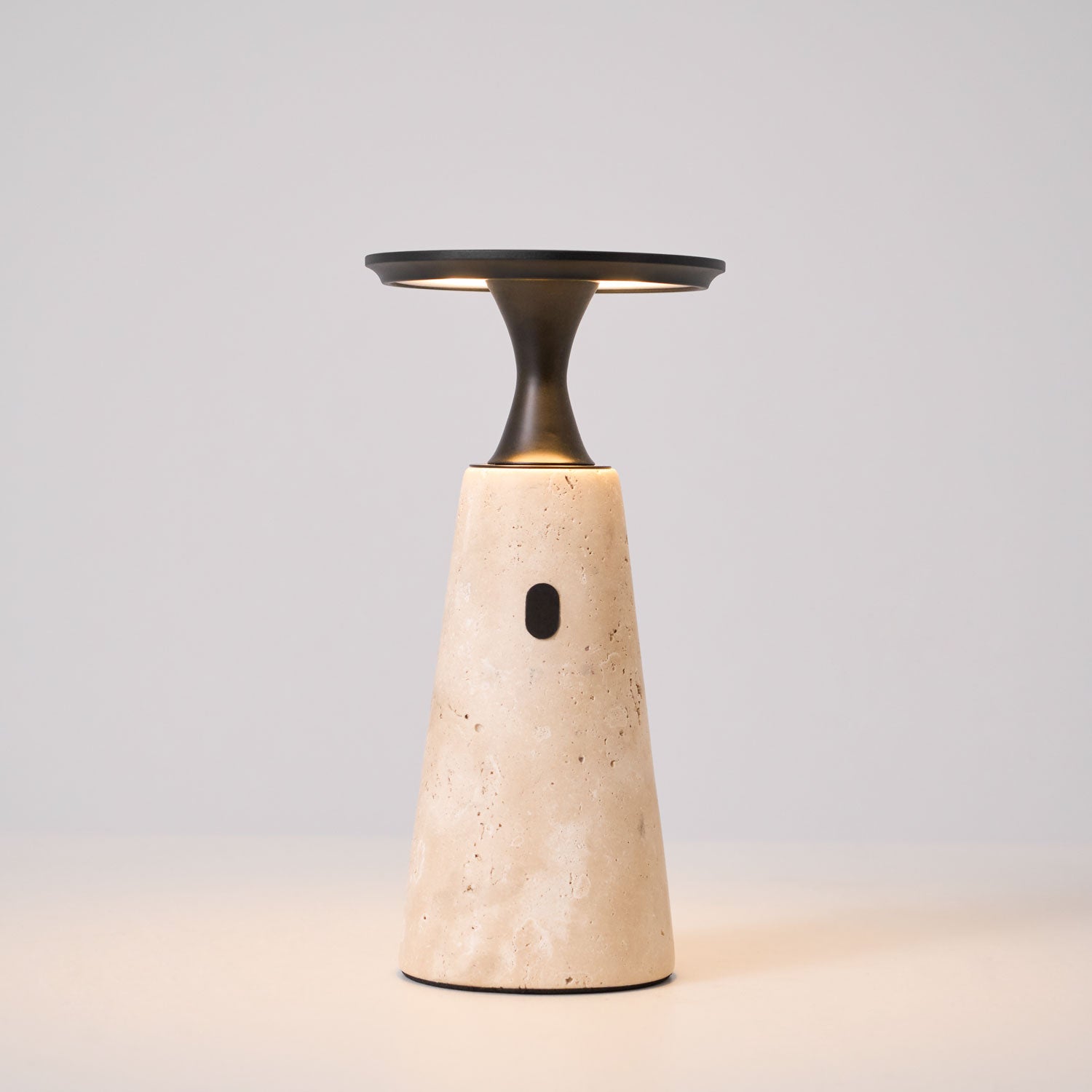 Table Lamp with Travertine Stone Base and Flat Metal Shade