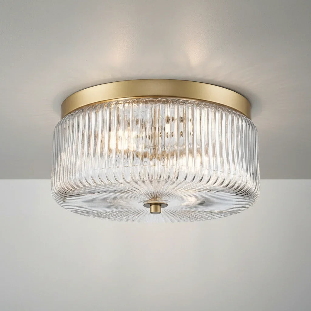 Round Ribbed Glass Ceiling Light with Gold Finish