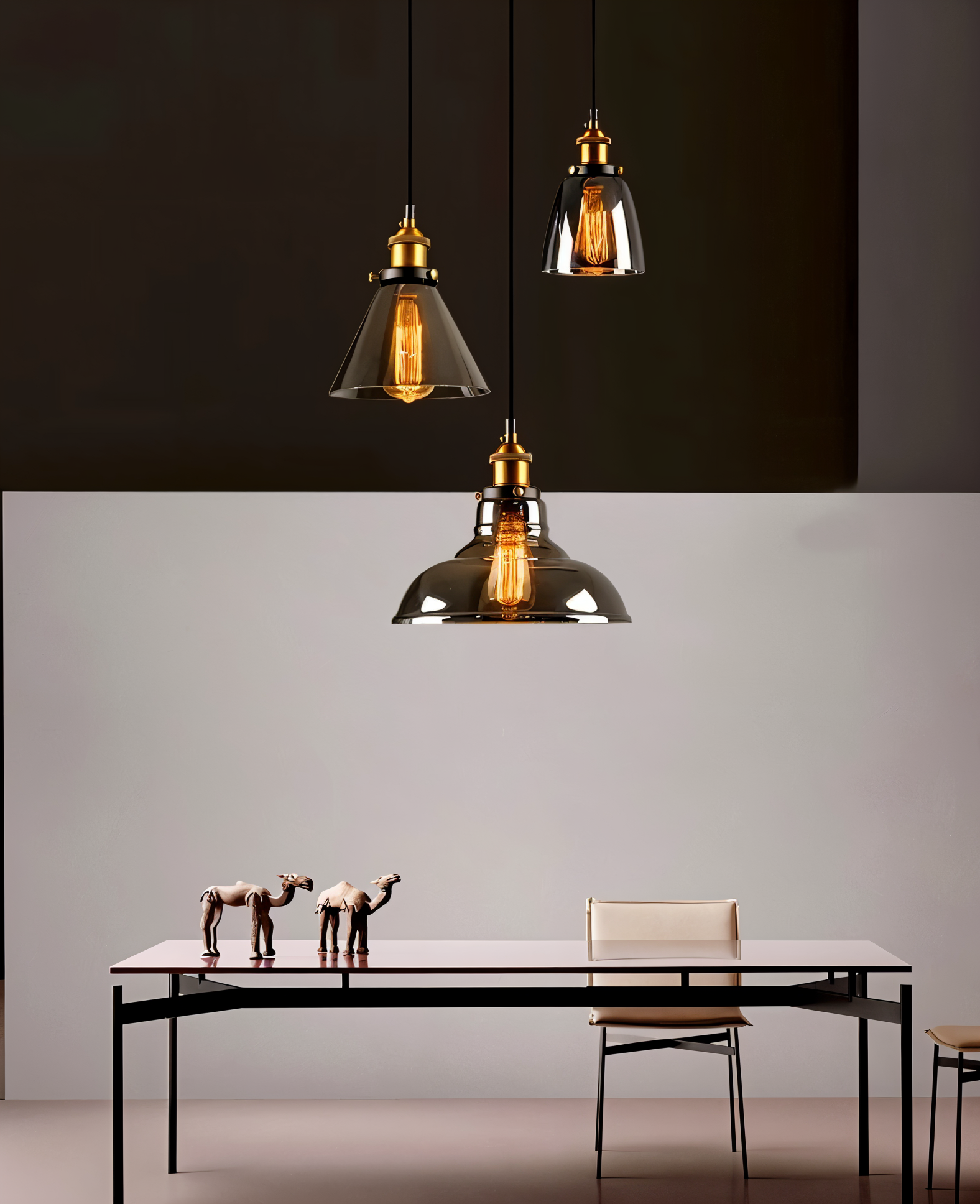 Tinted glass hanging pendant light with brass fitting